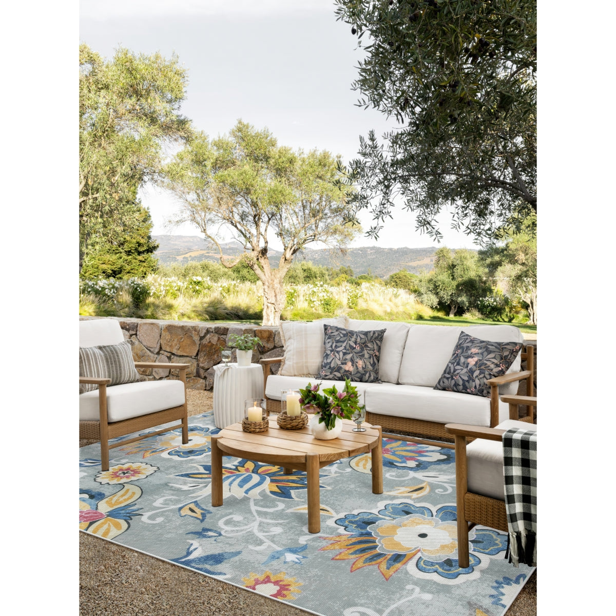 Soleil Washable Floral Blue/Grey Indoor Outdoor Rug Outdoor Rugs Lahome