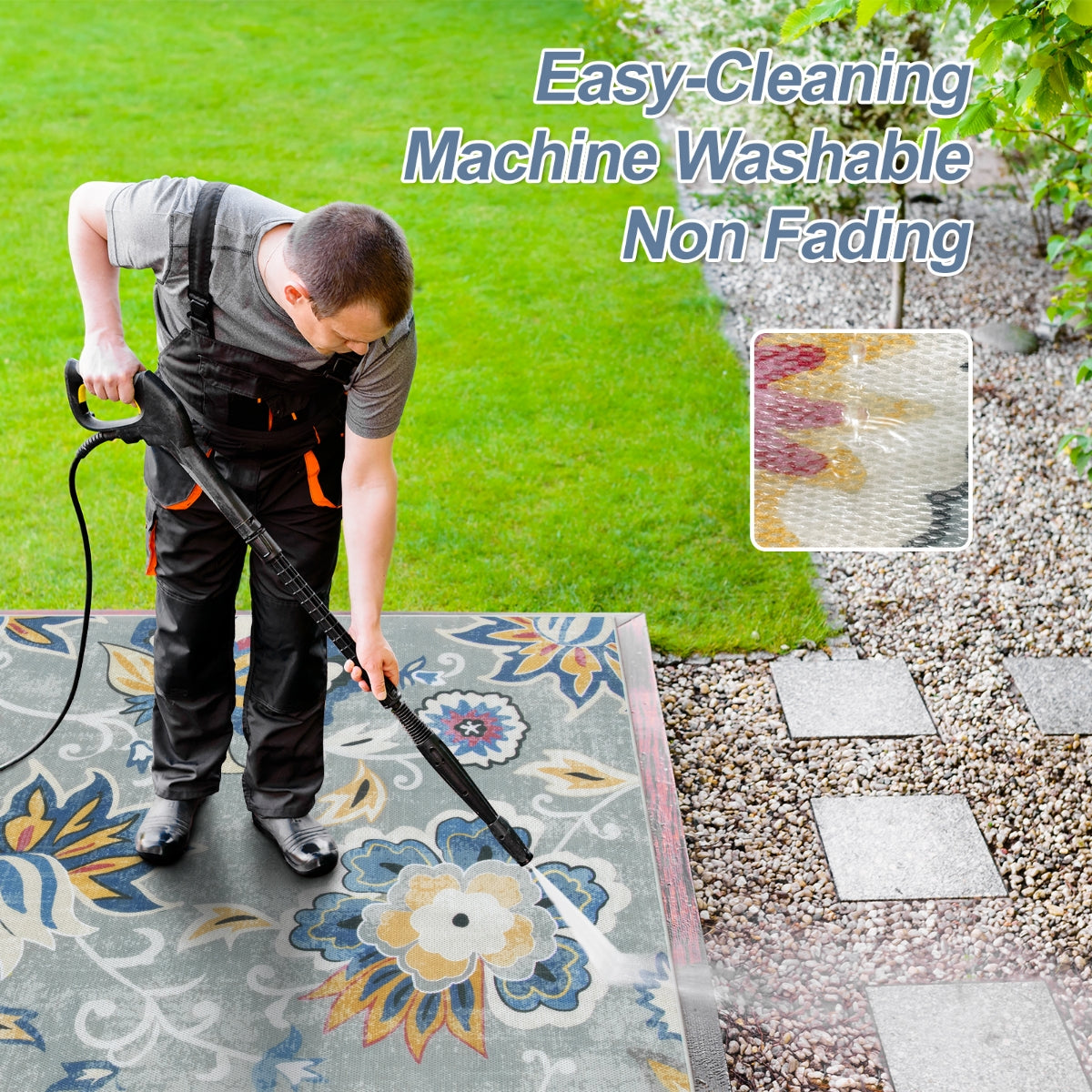 Soleil Washable Floral Blue/Grey Indoor Outdoor Rug Outdoor Rugs Lahome