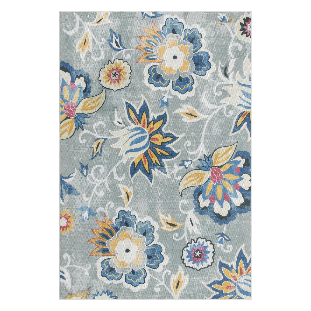 Soleil Washable Floral Blue/Grey Indoor Outdoor Rug Outdoor Rugs Lahome