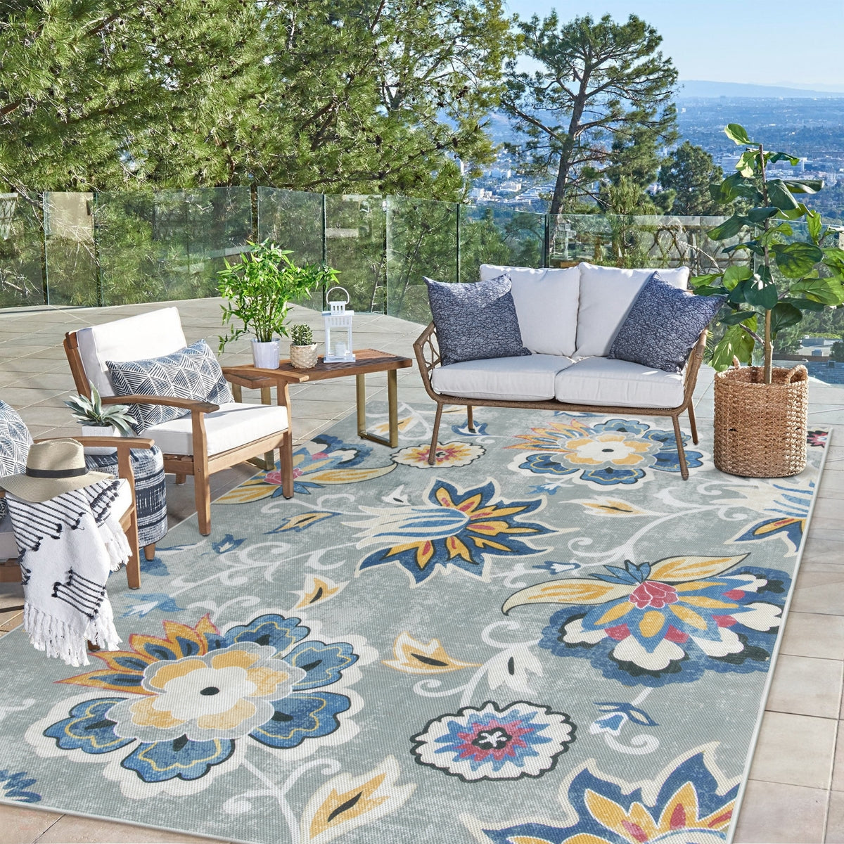 Soleil Washable Floral Blue/Grey Indoor Outdoor Rug Outdoor Rugs Lahome 6' x 9'