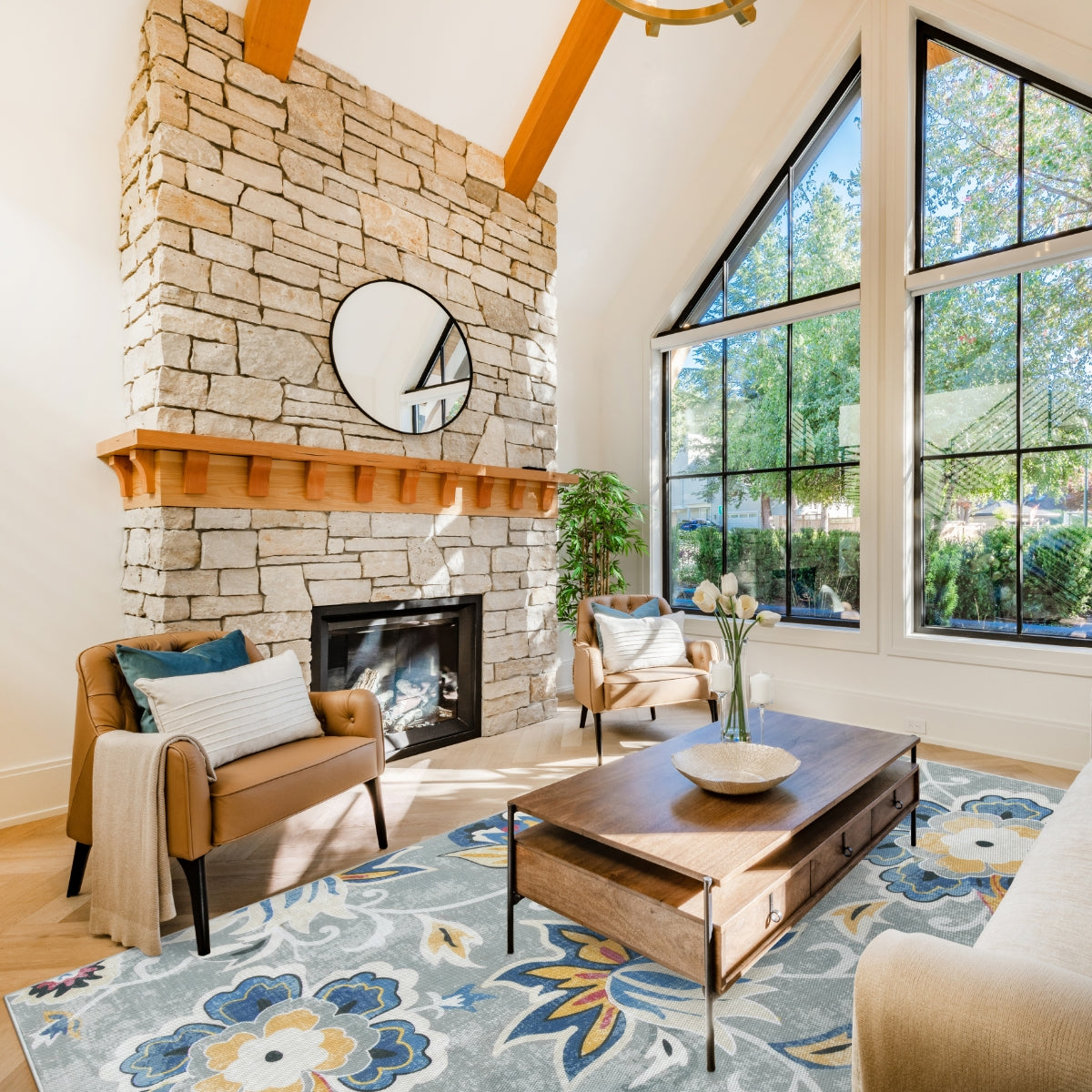 Soleil Washable Floral Blue/Grey Indoor Outdoor Rug Outdoor Rugs Lahome