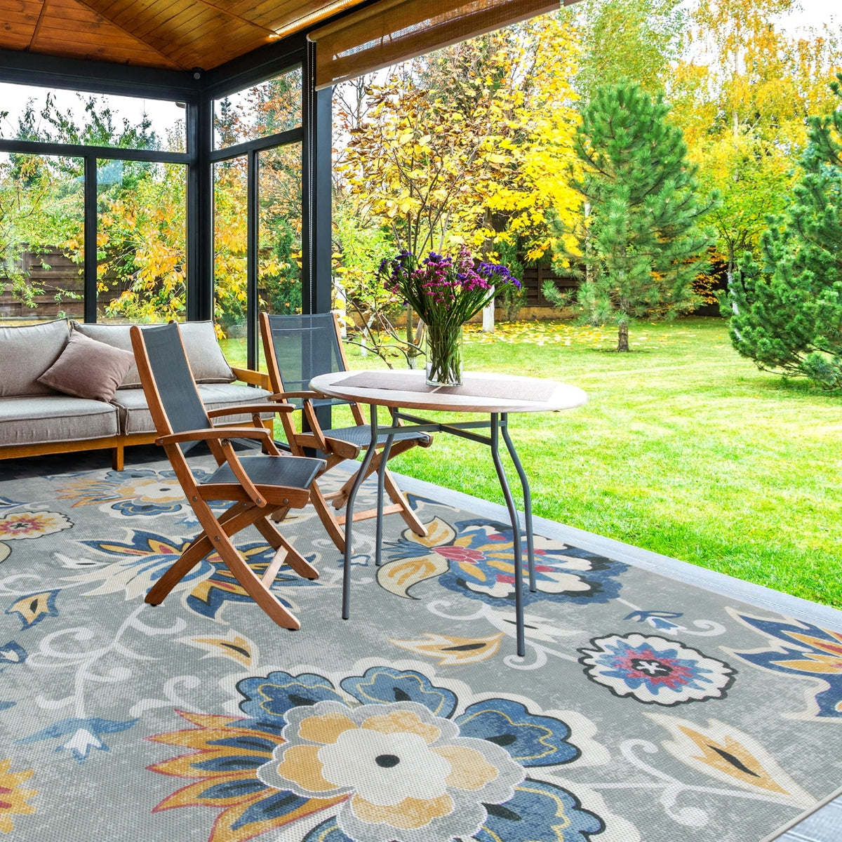 Soleil Washable Floral Blue/Grey Indoor Outdoor Rug Outdoor Rugs Lahome