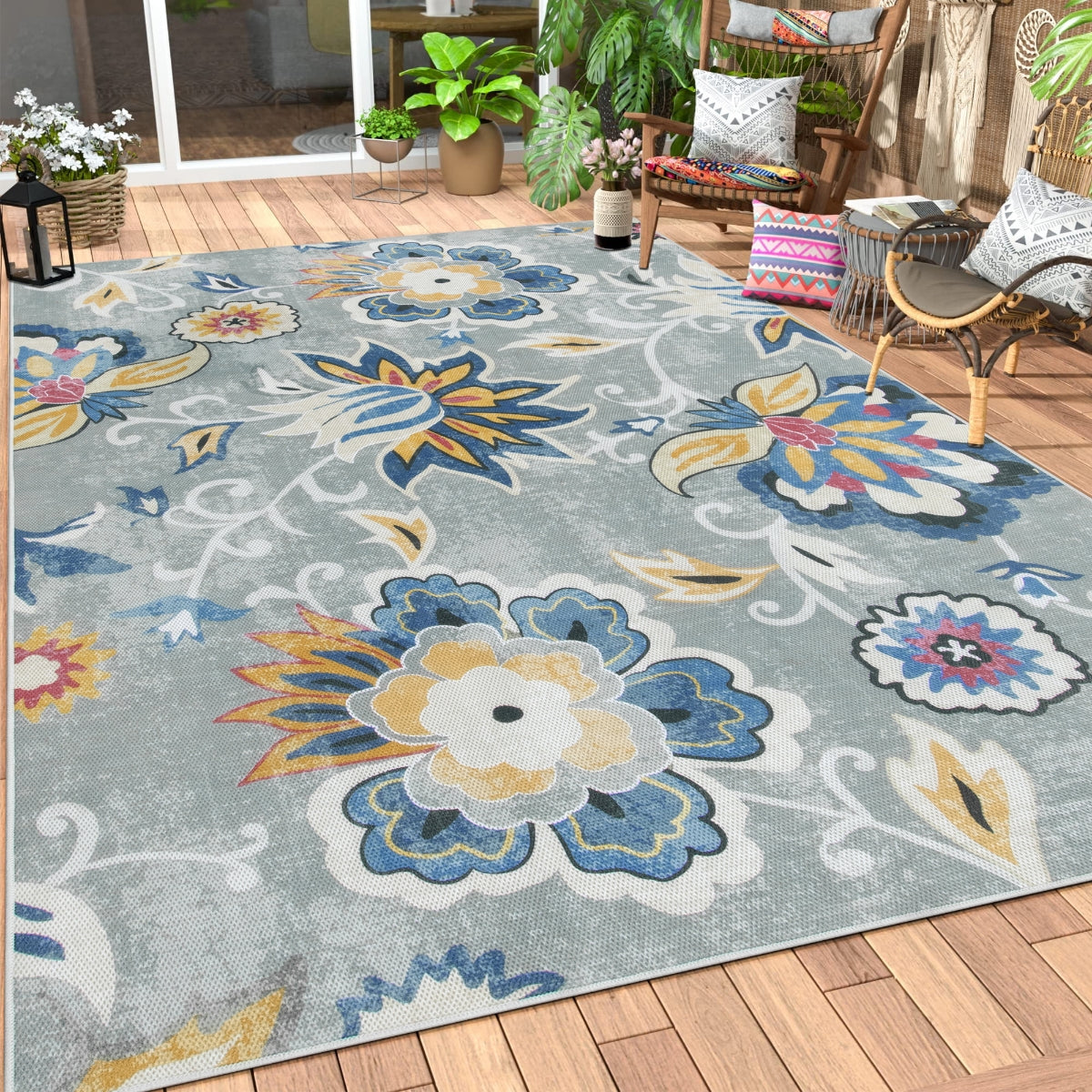 Soleil Washable Floral Blue/Grey Indoor Outdoor Rug Outdoor Rugs Lahome 8' x 10'
