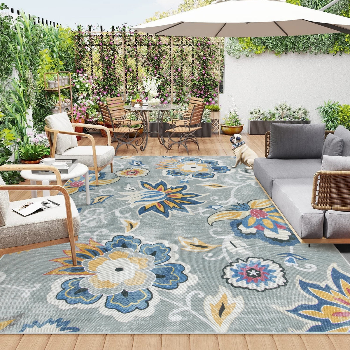Soleil Washable Floral Blue/Grey Indoor Outdoor Rug Outdoor Rugs Lahome