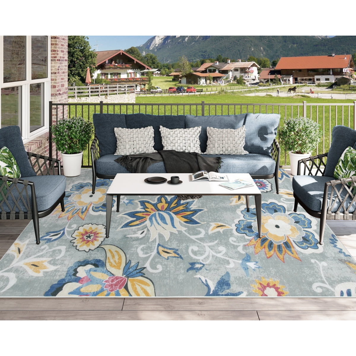Soleil Washable Floral Blue/Grey Indoor Outdoor Rug Outdoor Rugs Lahome