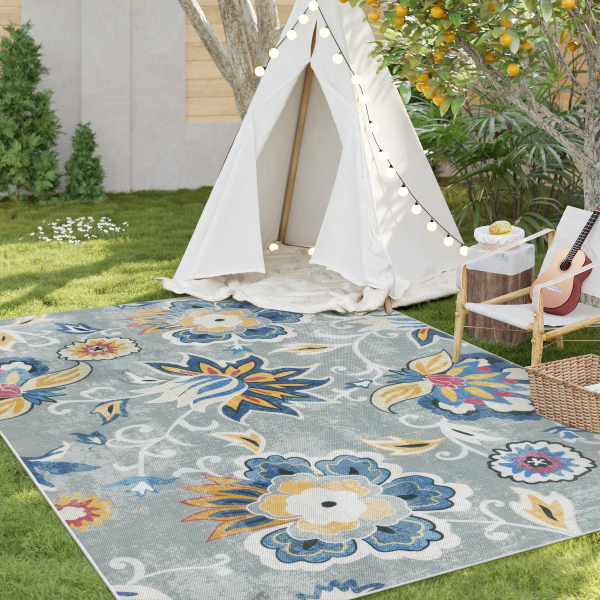 Soleil Washable Floral Blue/Grey Indoor Outdoor Rug Outdoor Rugs Lahome