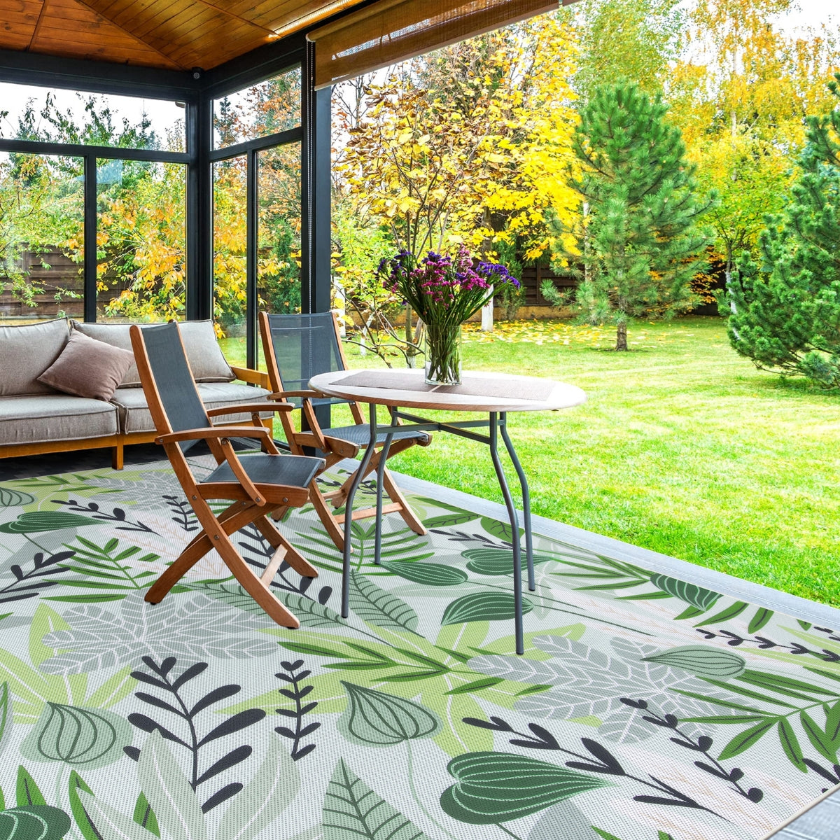 Soleil Washable Floral Green Indoor Outdoor Rug Outdoor Rugs Lahome