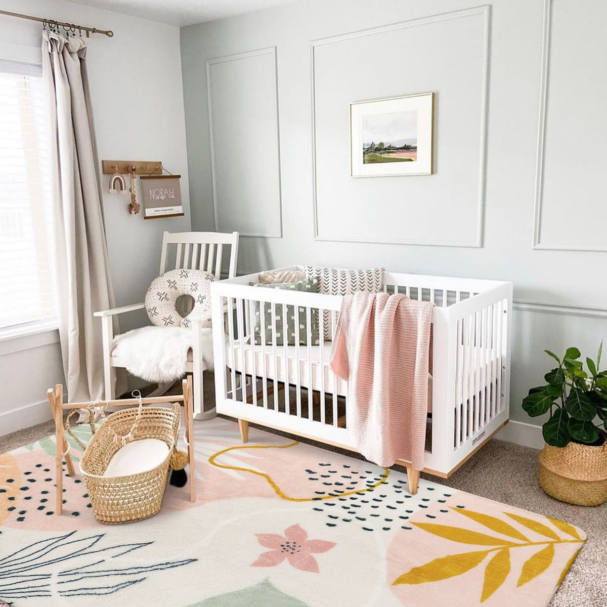 Kiki Washable Modern Botanical Leaf Print Pink Area Rug Area Rugs Lahome