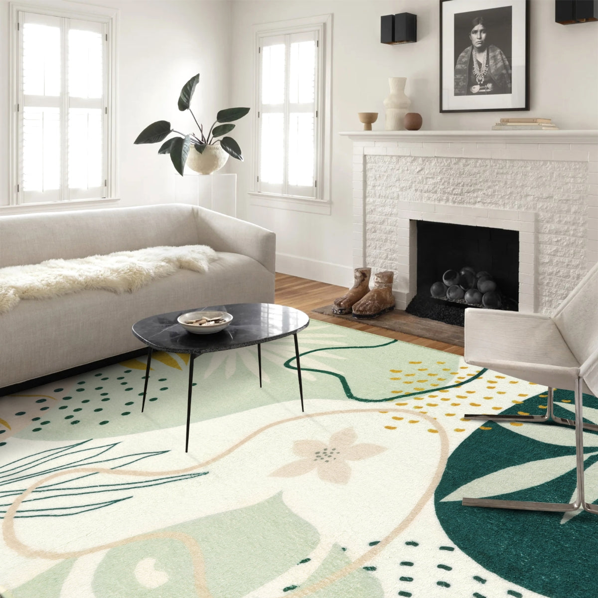 Kiki Washable Modern Botanical Leaf Print Green Area Rug Area Rugs Lahome