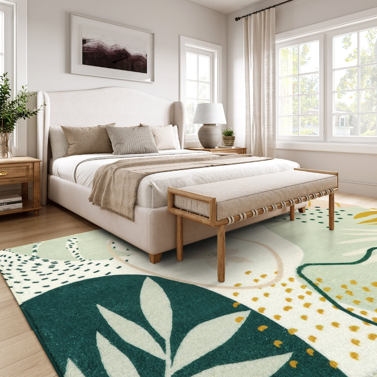 Kiki Washable Modern Botanical Leaf Print Green Area Rug Area Rugs Lahome