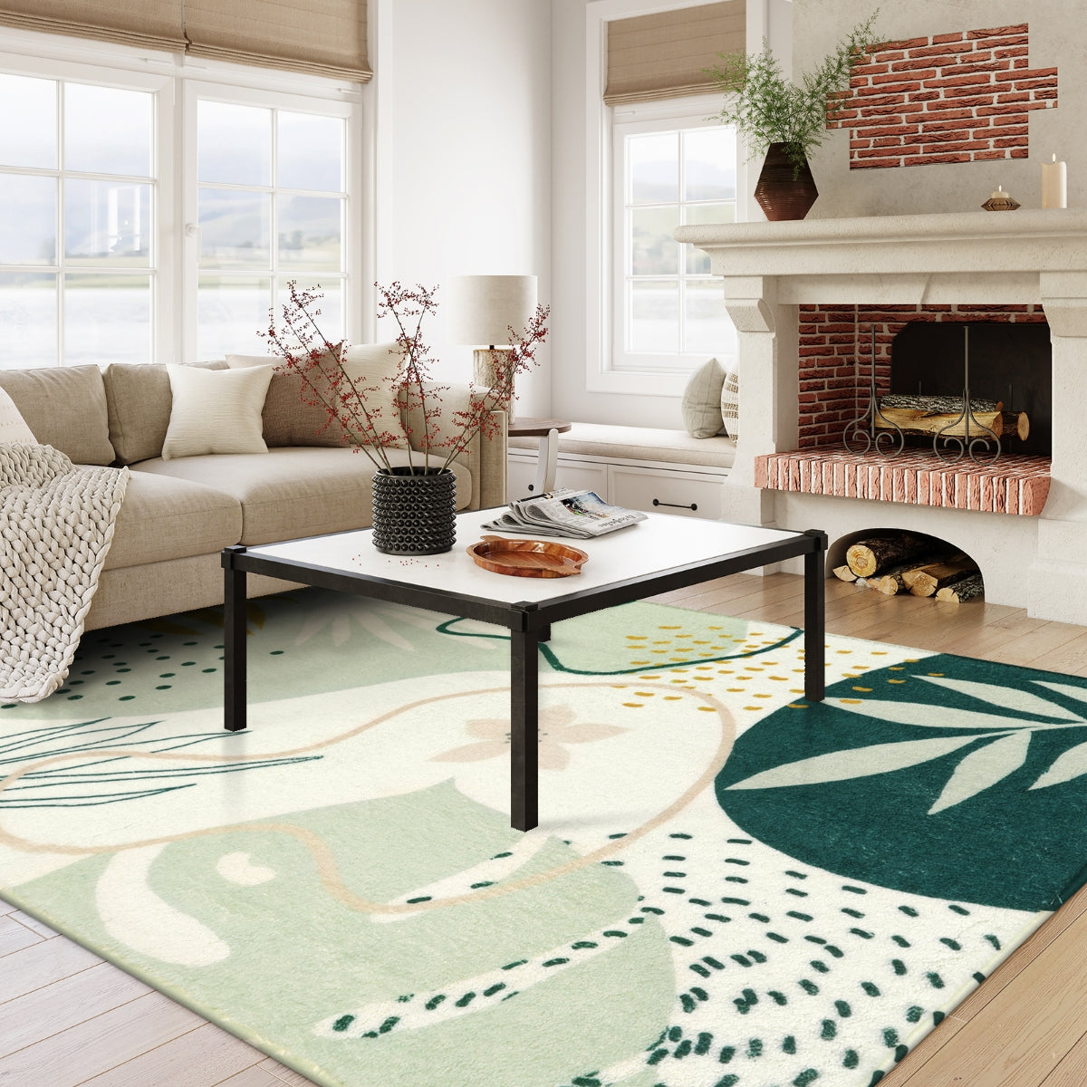 Kiki Washable Modern Botanical Leaf Print Green Area Rug Area Rugs Lahome