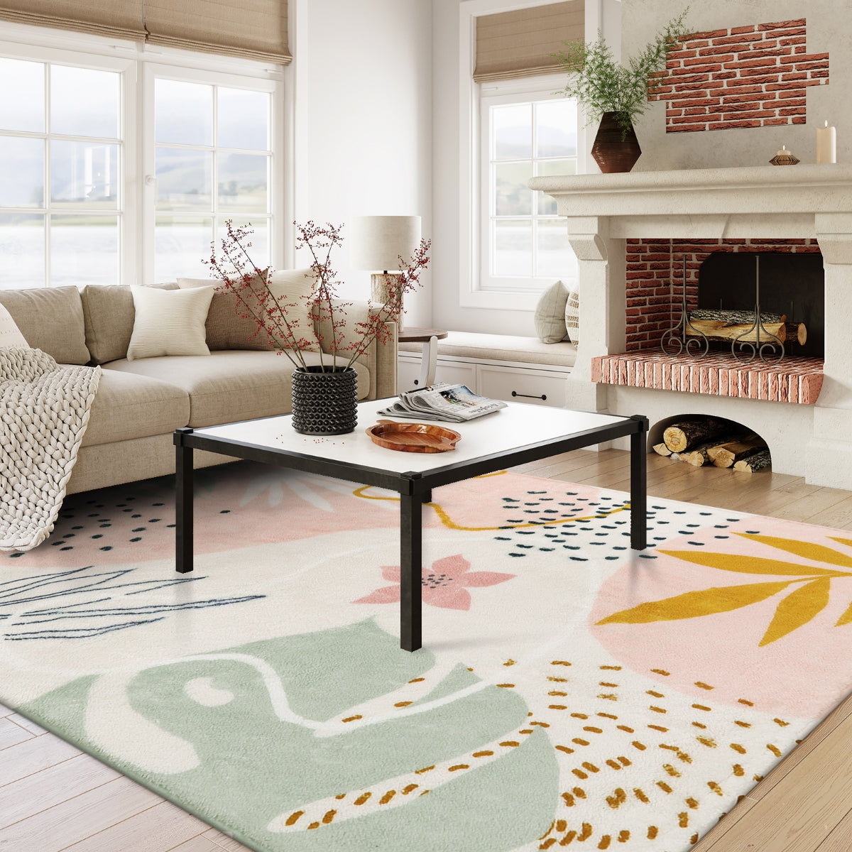 Kiki Washable Modern Botanical Leaf Print Pink Area Rug Area Rugs Lahome 9' x 12'