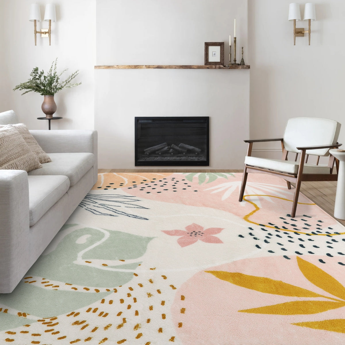 Kiki Washable Modern Botanical Leaf Print Pink Area Rug Area Rugs Lahome