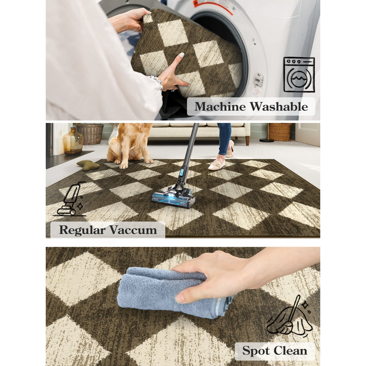 Zelie Washable Soft Modern Geometric Diamond Checkered Brown Rug Clearance Rugs Lahome