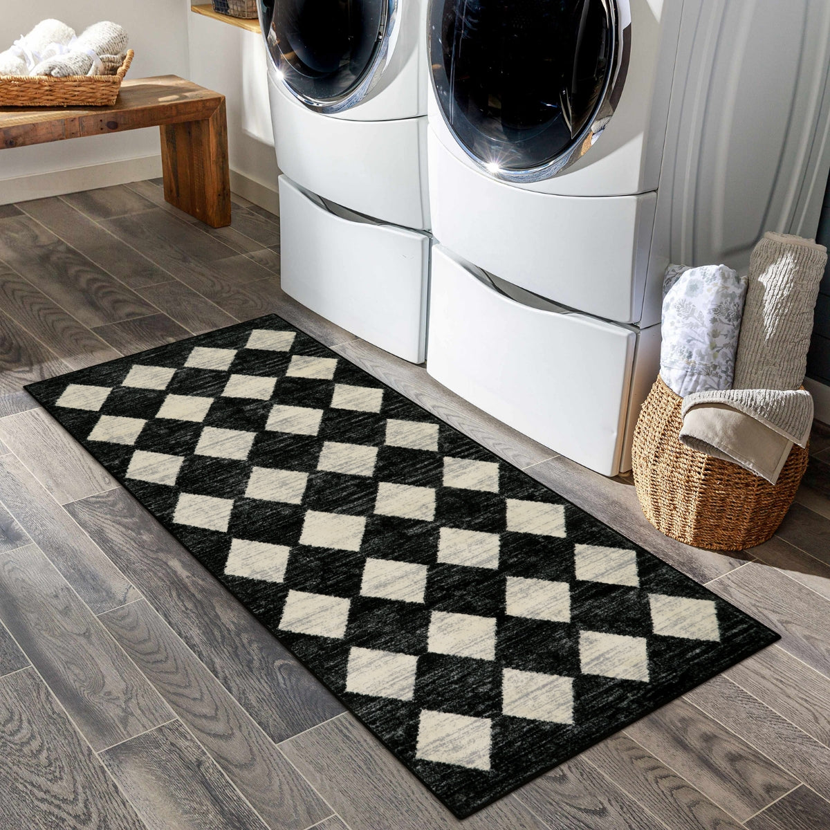 Zelie Washable Modern Geometric Diamond Checkered Black Runner Rug Clearance Rugs Lahome