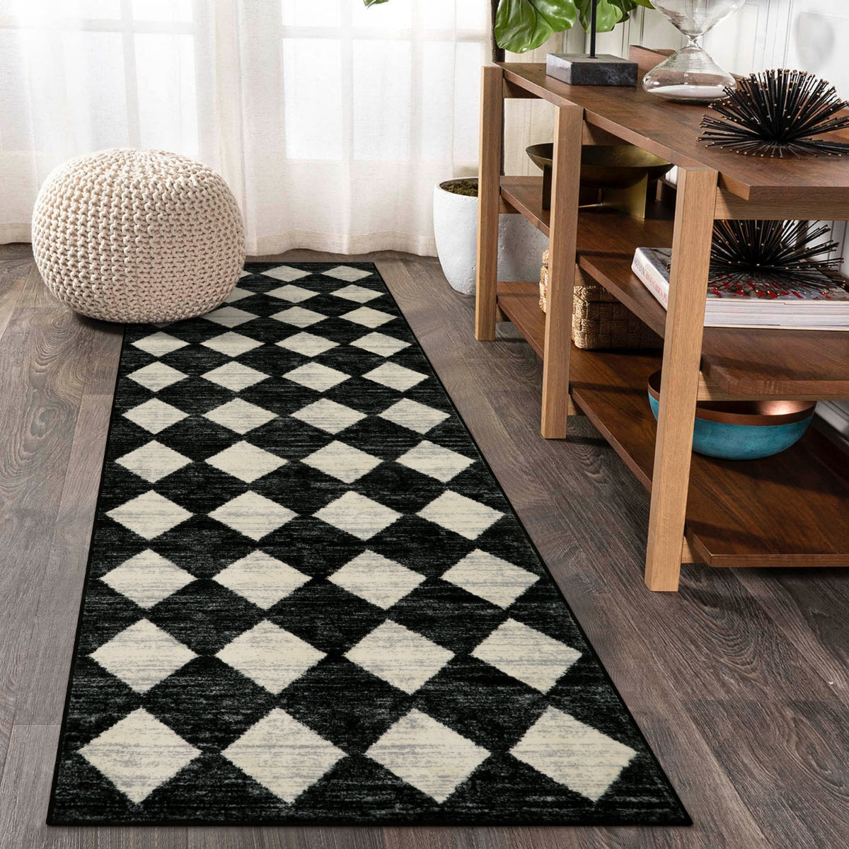 Zelie Washable Modern Geometric Diamond Checkered Black Runner Rug Clearance Rugs Lahome