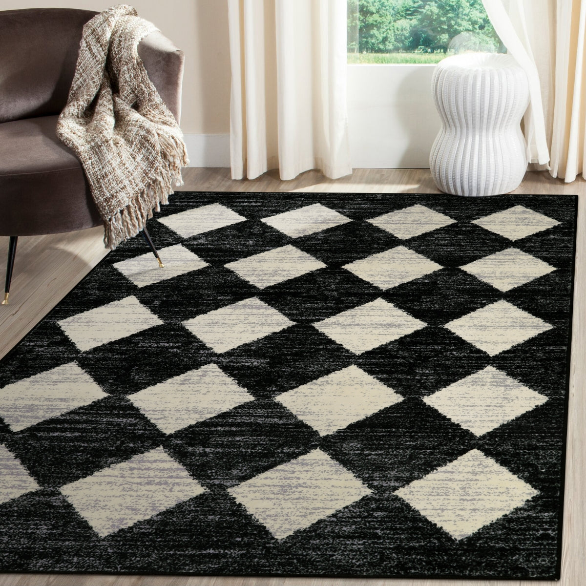 Zelie Washable Modern Geometric Diamond Checkered Black Runner Rug Clearance Rugs Lahome