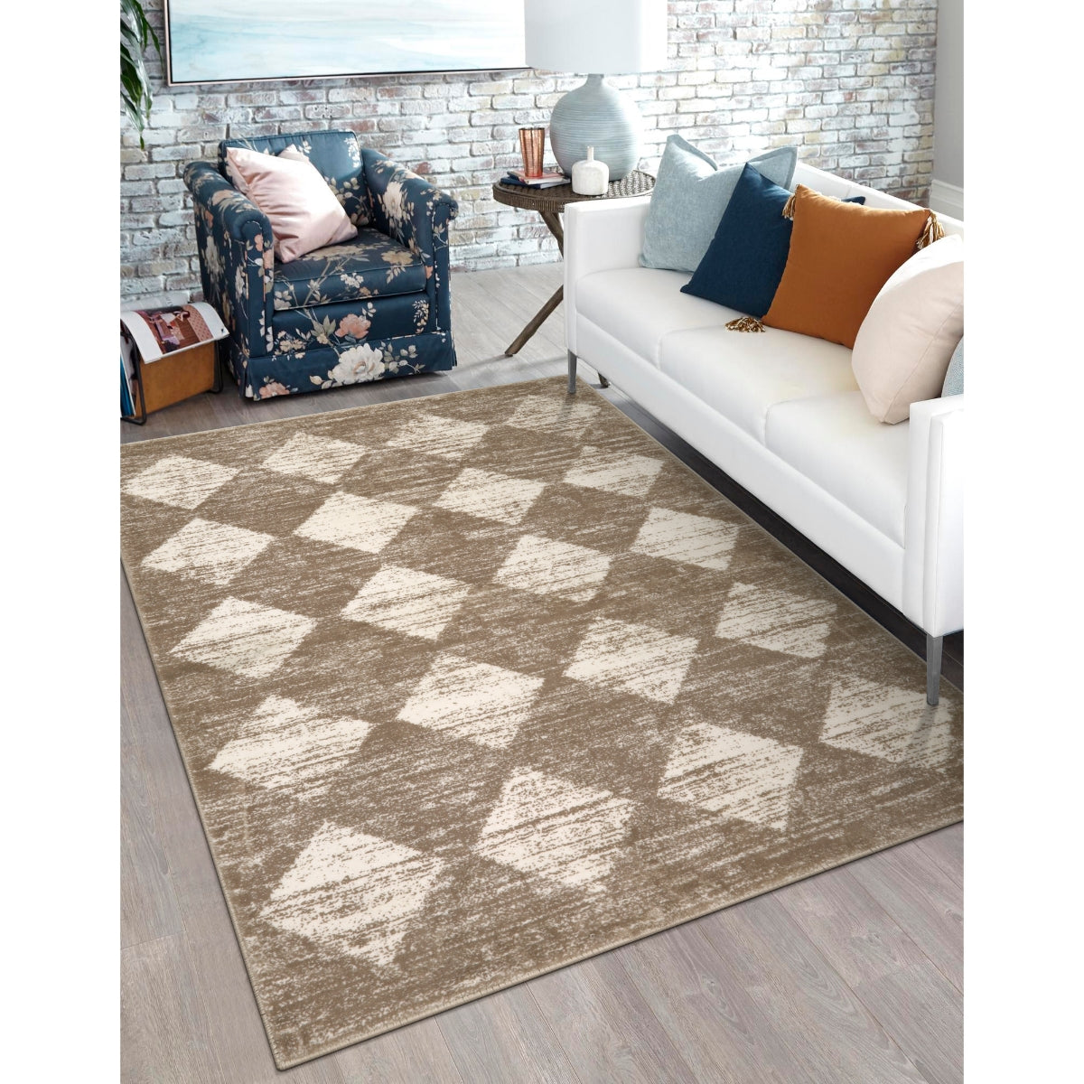Soft Contemporary Geometric Diamond Checkered Tile Area Rug