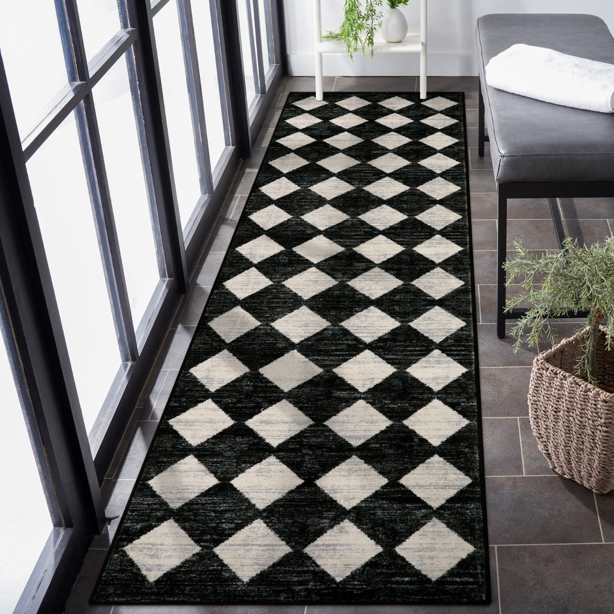 Zelie Washable Modern Geometric Diamond Checkered Black Runner Rug Clearance Rugs Lahome