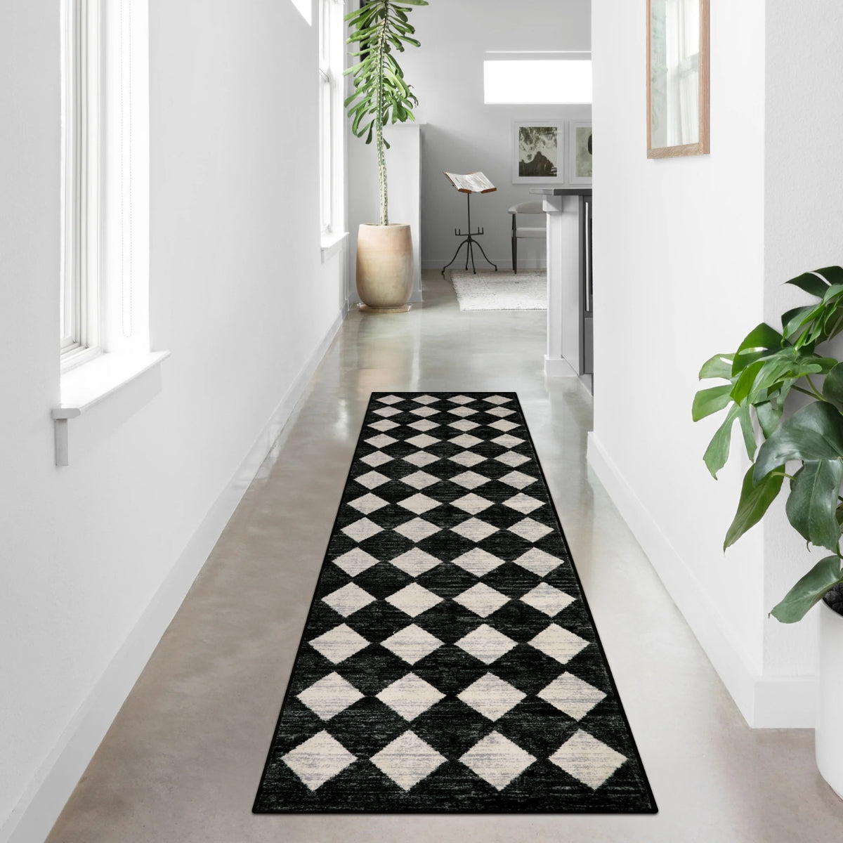 Zelie Washable Modern Geometric Diamond Checkered Black Runner Rug Clearance Rugs Lahome