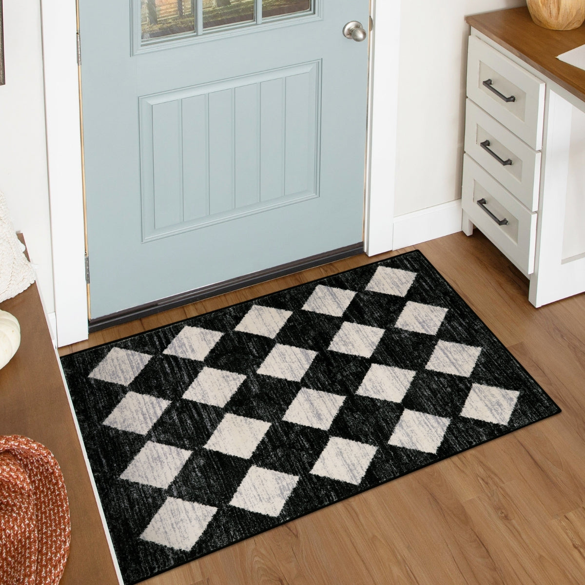 Zelie Washable Modern Geometric Diamond Checkered Black Runner Rug Clearance Rugs Lahome