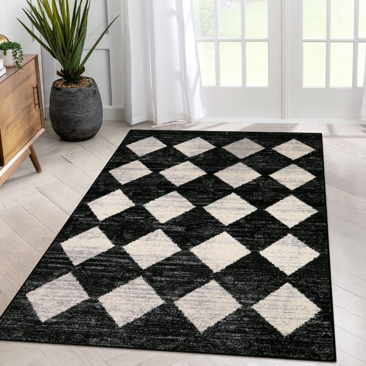 Zelie Washable Modern Geometric Diamond Checkered Black Runner Rug Clearance Rugs Lahome