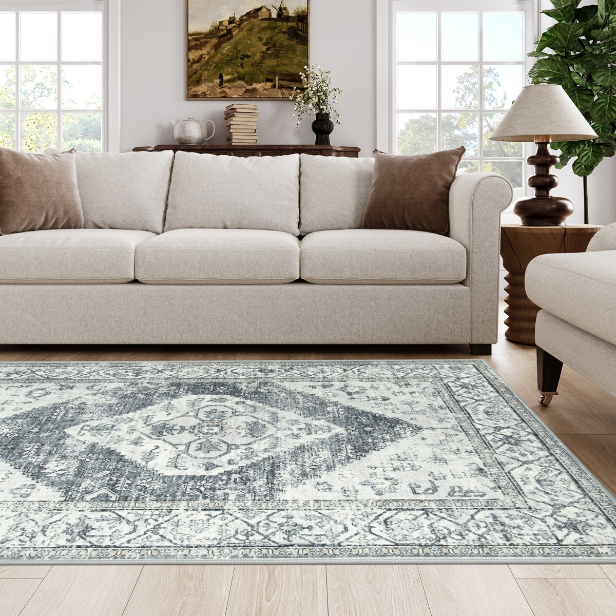 Adelyn Washable Traditional Vintage Distressed Light Grey Rug Clearance Rugs Lahome 4' x 6'