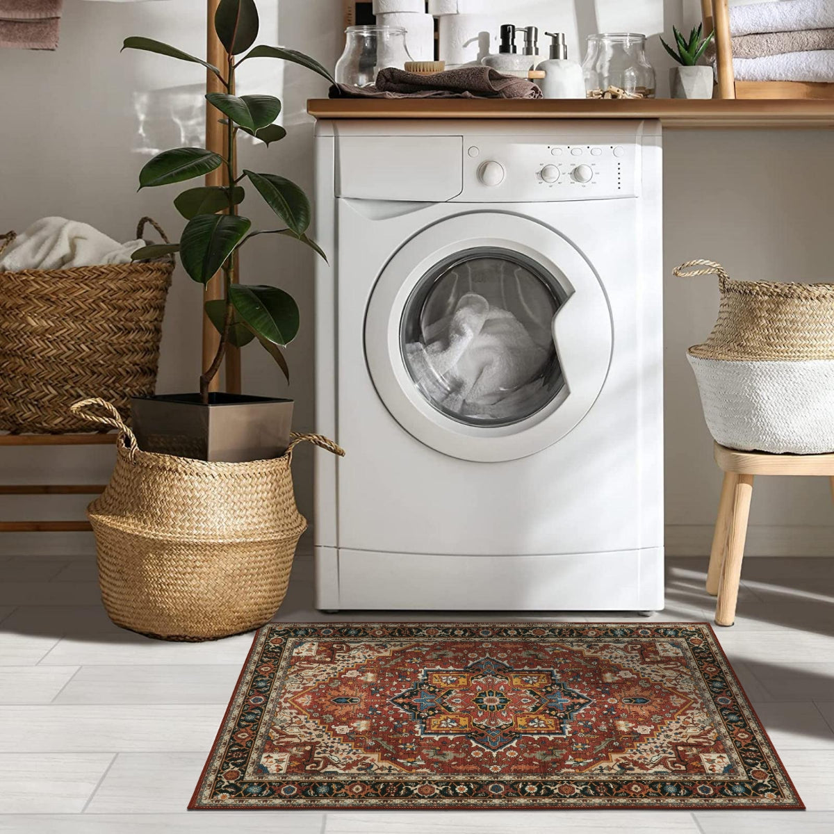 Clearance Heloise Washable Ultra-Thin Oriental Vintage Medallion Reddish Brown Rug Clearance Rugs Lahome