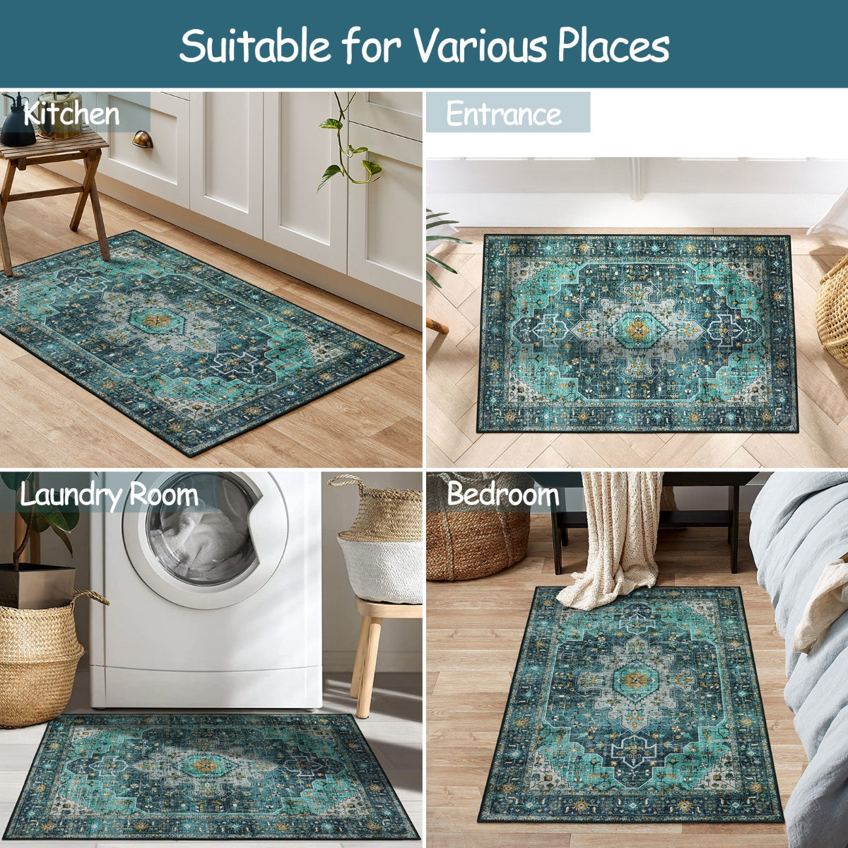 Helene Washable Ultra-Thin Vintage Floral Green Teal Rug Area Rugs Lahome