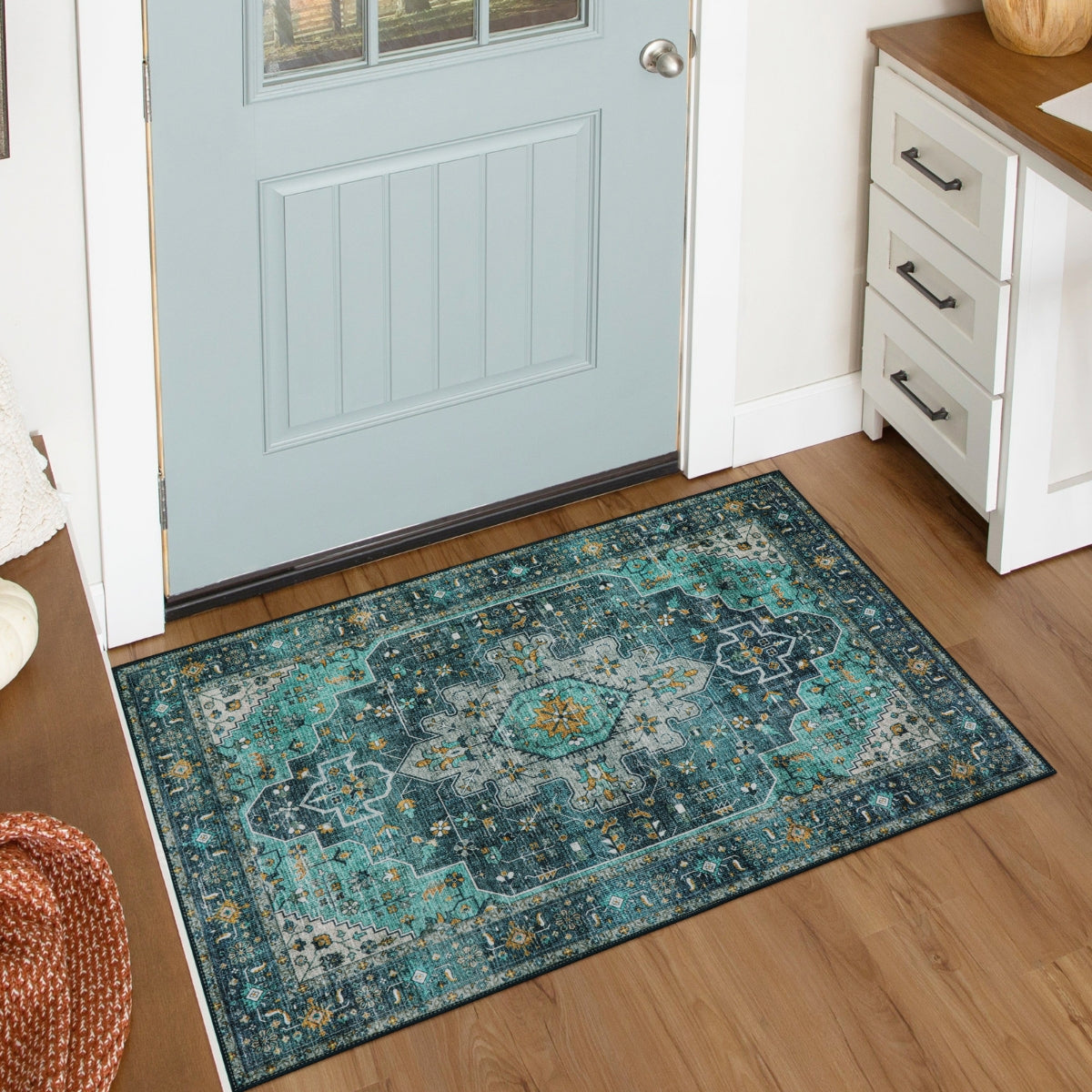 Helene Washable Ultra-Thin Vintage Floral Green Teal Rug Area Rugs Lahome 2' x 3'