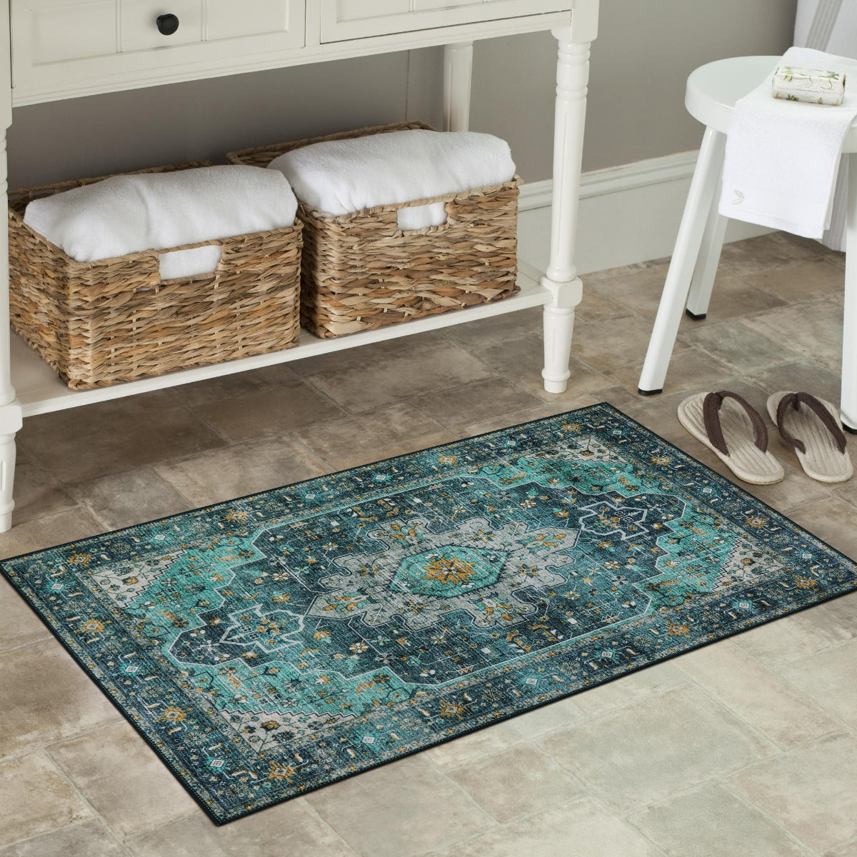 Helene Washable Ultra-Thin Vintage Floral Green Teal Rug Area Rugs Lahome