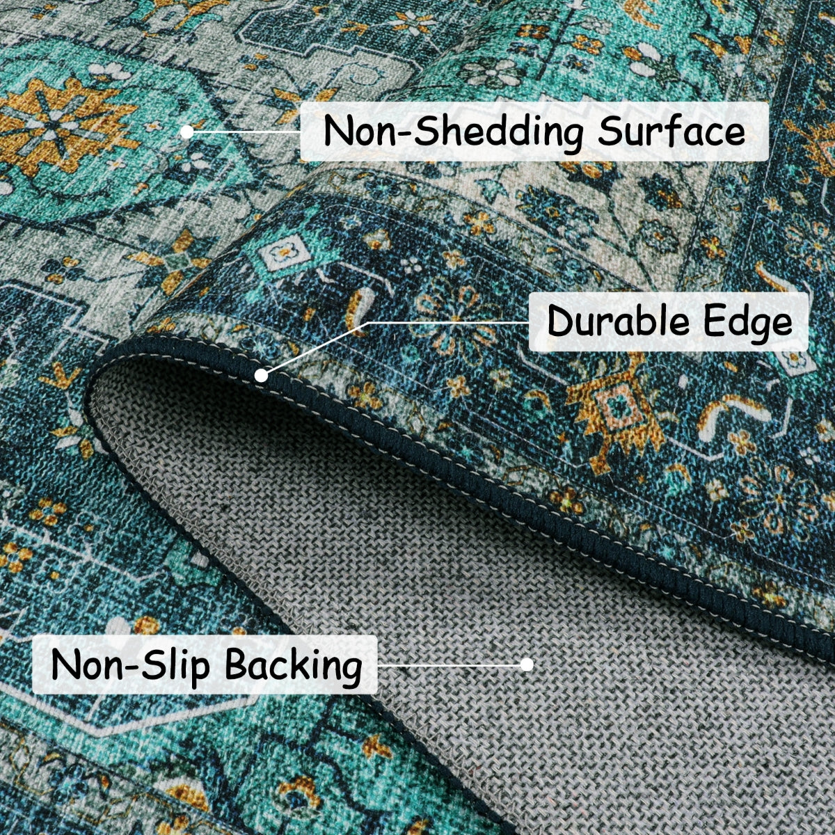 Helene Washable Ultra-Thin Vintage Floral Green Teal Rug Area Rugs Lahome