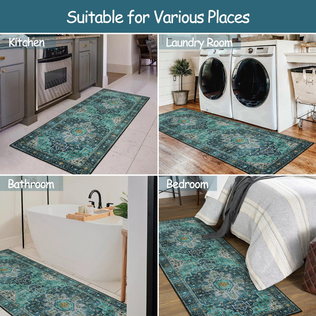 Helene Washable Ultra-Thin Vintage Floral Green Teal Rug Area Rugs Lahome
