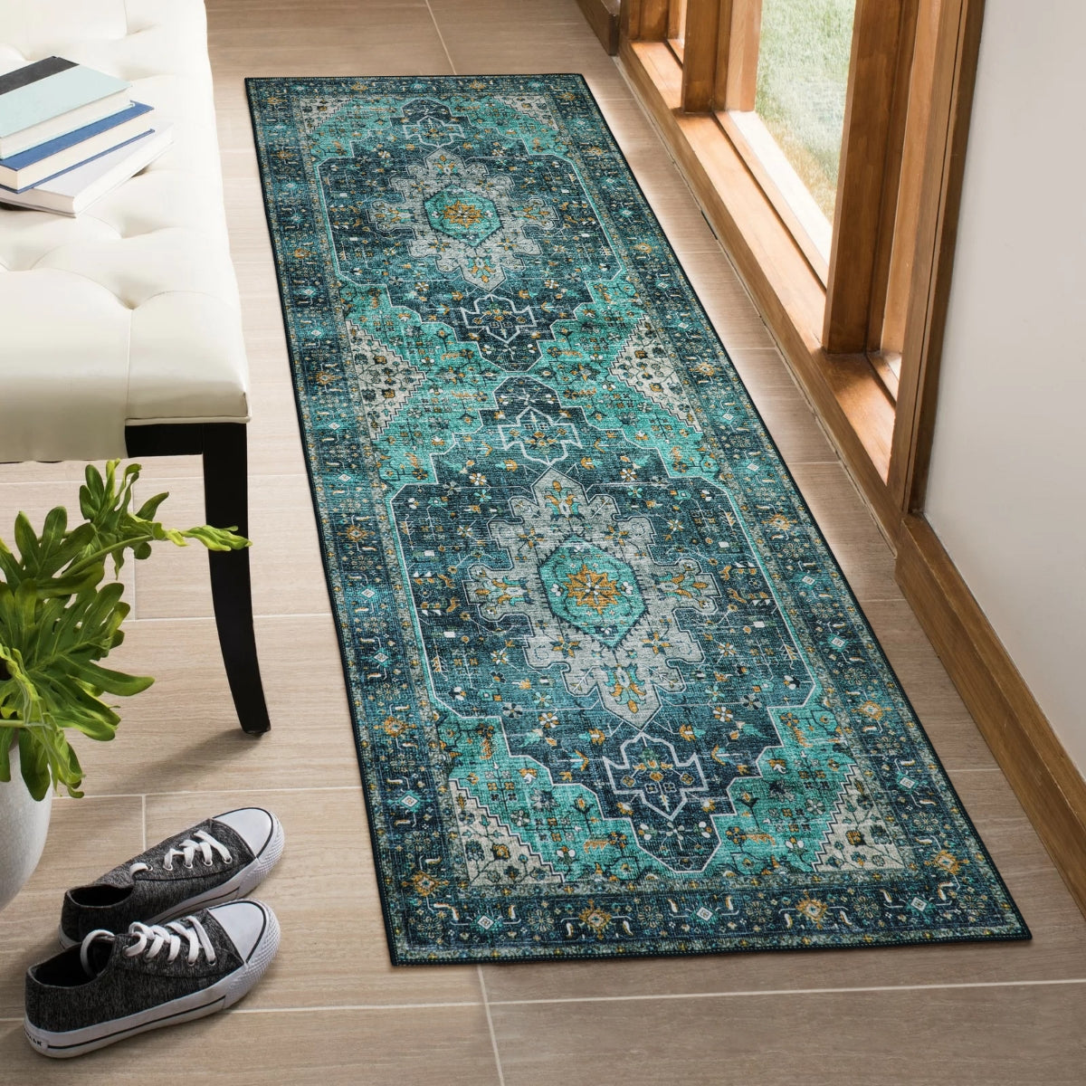 Helene Washable Ultra-Thin Vintage Floral Green Teal Rug Area Rugs Lahome 2' x 6'