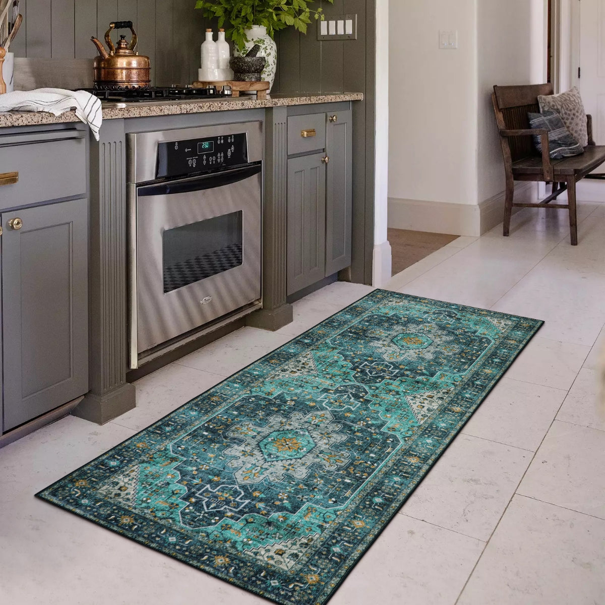 Helene Washable Ultra-Thin Vintage Floral Green Teal Rug Area Rugs Lahome