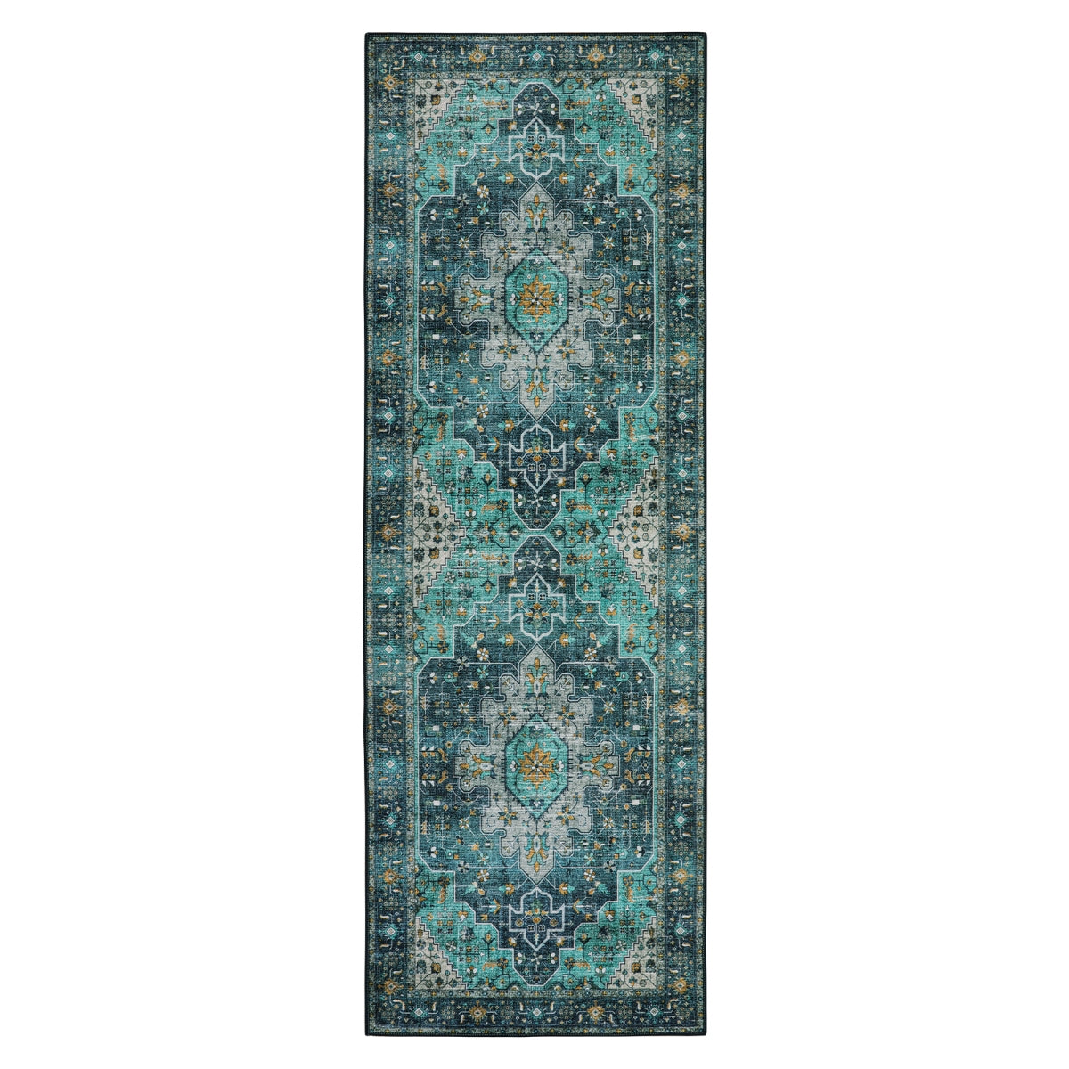 Helene Washable Ultra-Thin Vintage Floral Green Teal Rug Area Rugs Lahome