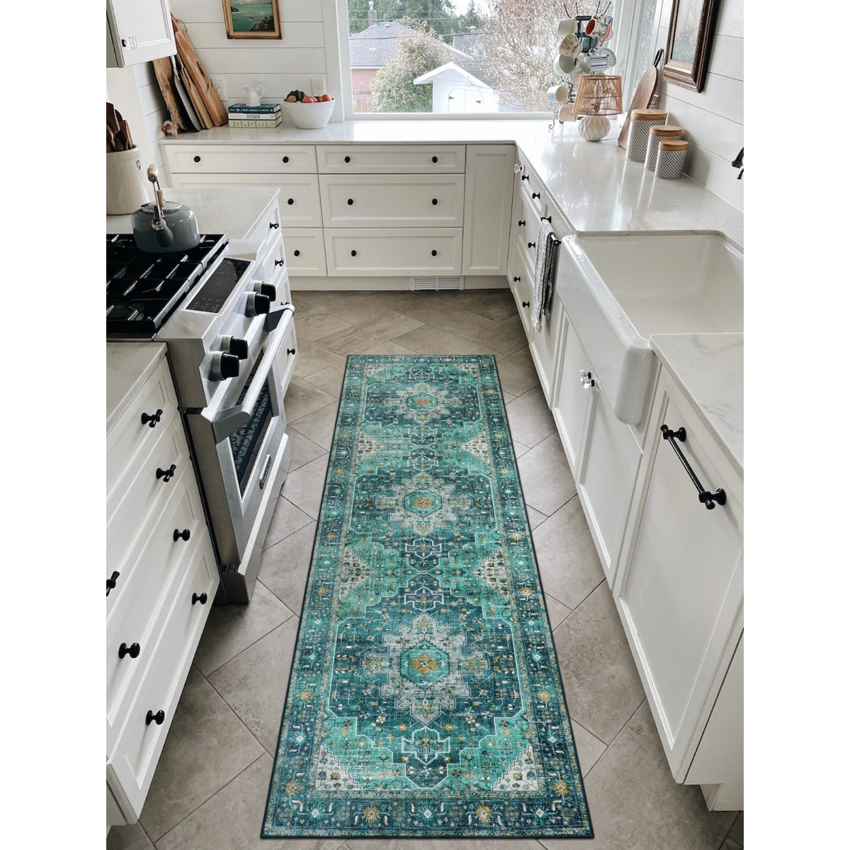 Helene Washable Ultra-Thin Vintage Floral Green Teal Rug Area Rugs Lahome 2'6" x 8'