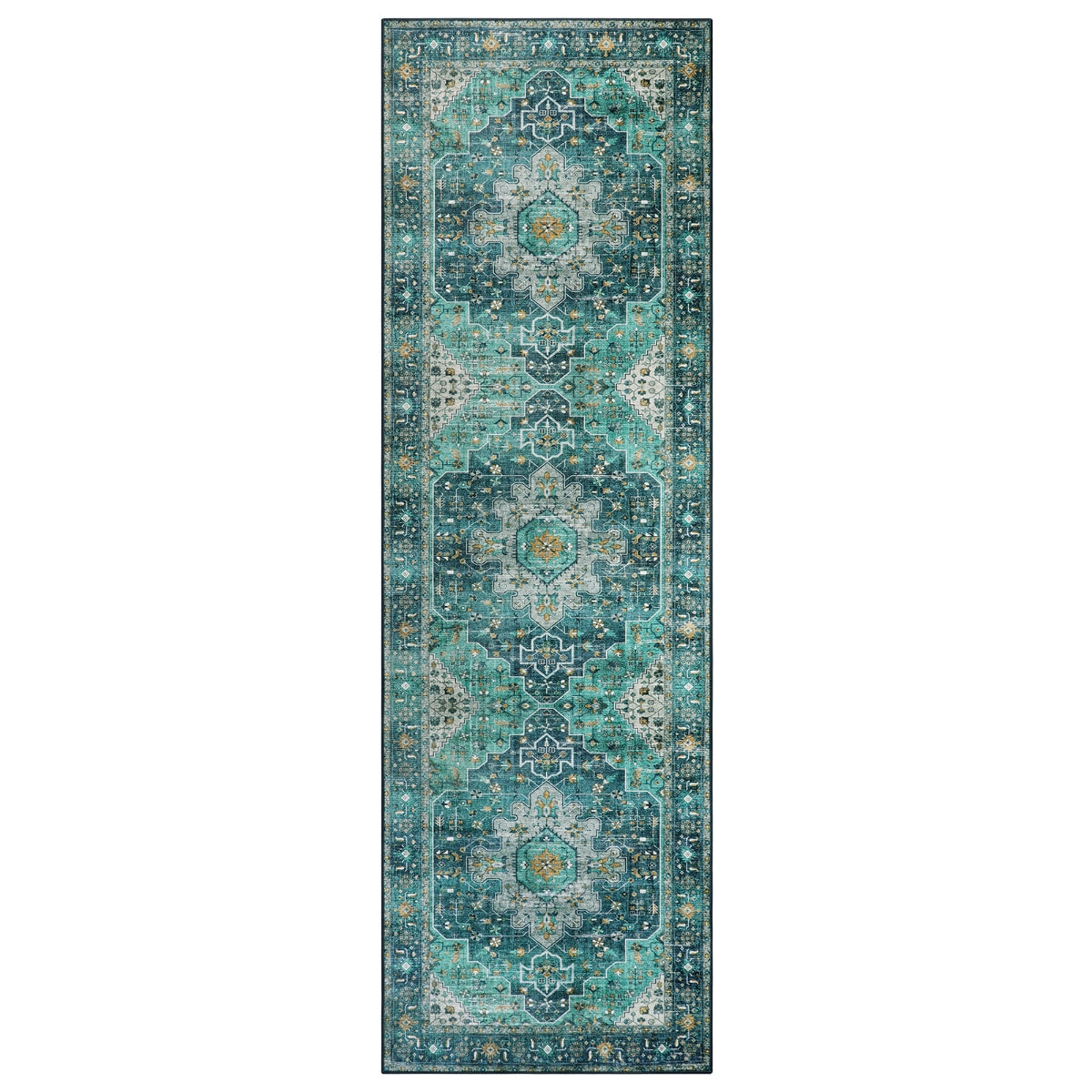 Helene Washable Ultra-Thin Vintage Floral Green Teal Rug Area Rugs Lahome
