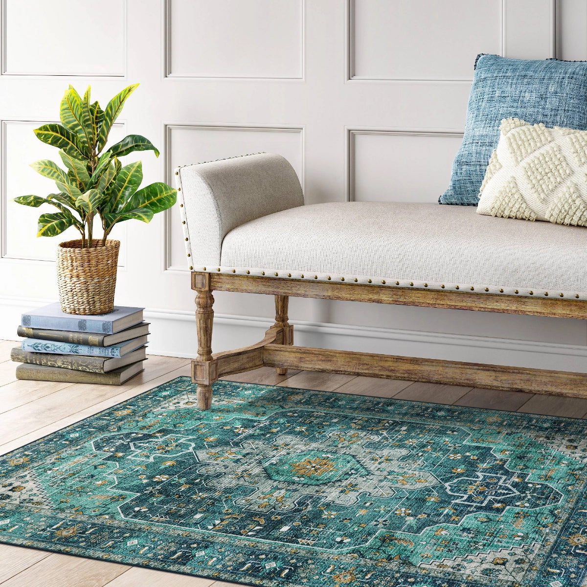Helene Washable Ultra-Thin Vintage Floral Green Teal Rug Area Rugs Lahome