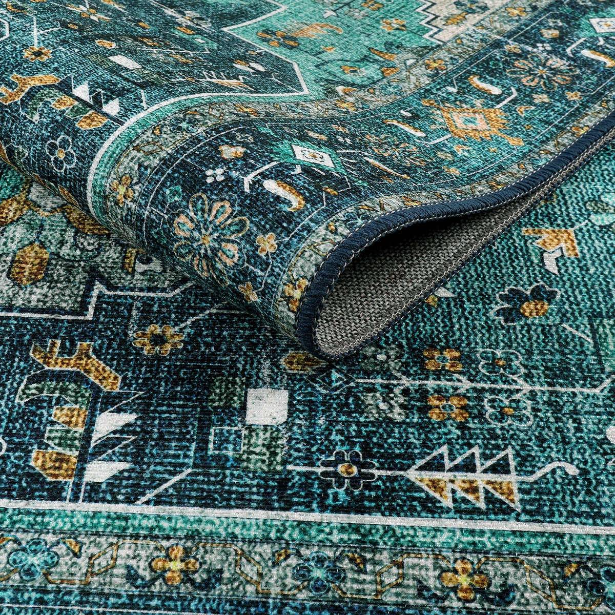 Helene Washable Ultra-Thin Vintage Floral Green Teal Rug Clearance Rugs Lahome