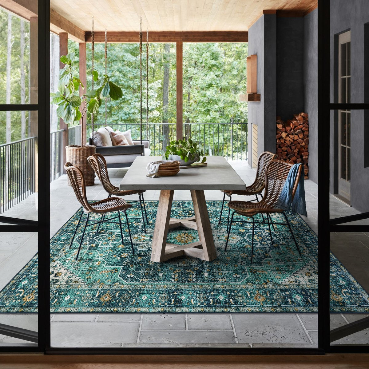 Helene Washable Ultra-Thin Vintage Floral Green Teal Rug Clearance Rugs Lahome