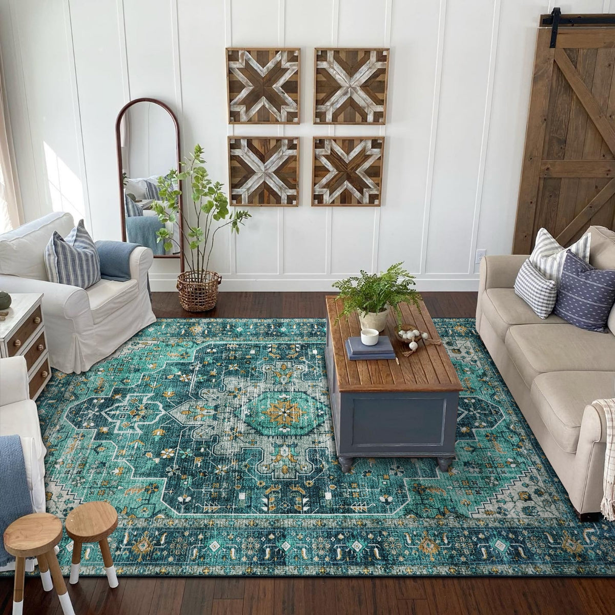 Helene Washable Ultra-Thin Vintage Floral Green Teal Rug Clearance Rugs Lahome 6' x 9'