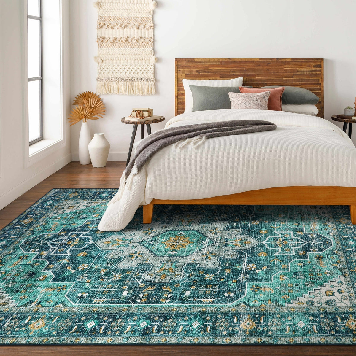 Helene Washable Ultra-Thin Vintage Floral Green Teal Rug Clearance Rugs Lahome