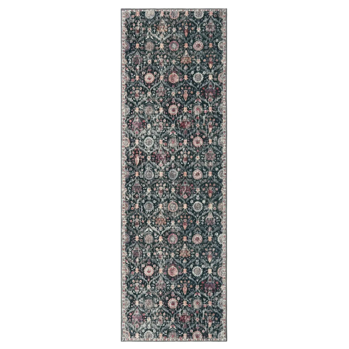 Elise Washable Vintage Floral Moroccan Trellis Black Runner Rug Clearance Rugs Lahome
