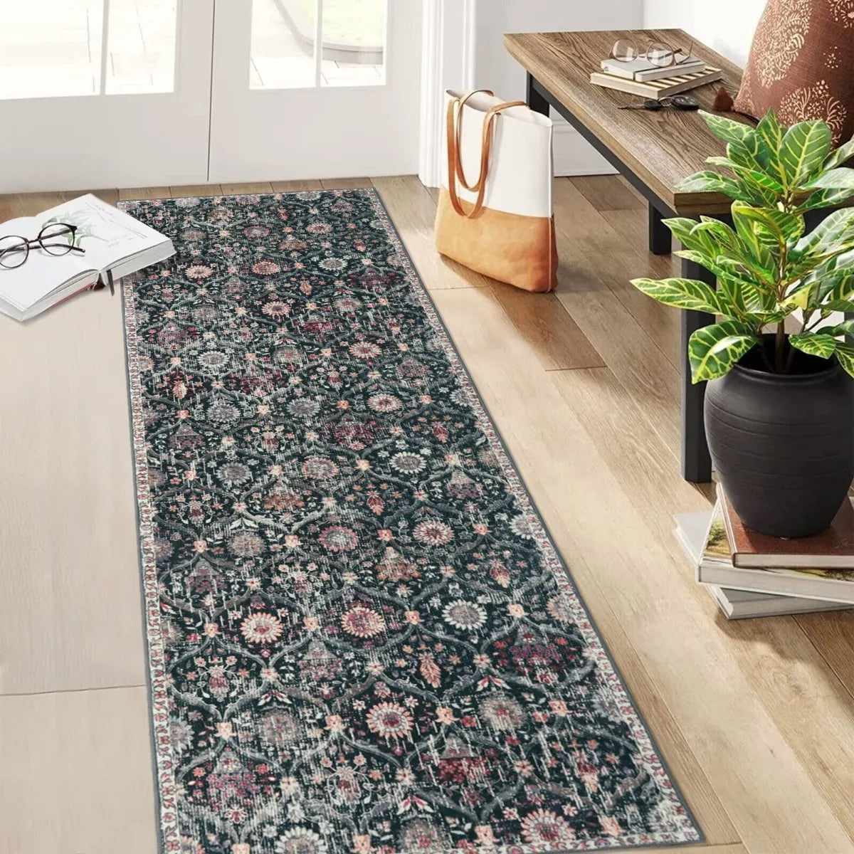 Elise Washable Vintage Floral Moroccan Trellis Black Runner Rug Clearance Rugs Lahome