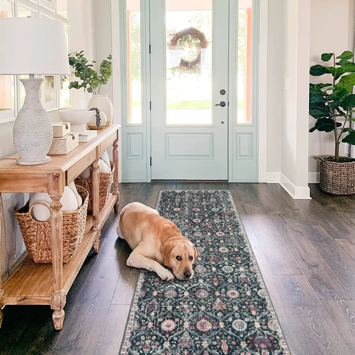 Elise Washable Vintage Floral Moroccan Trellis Black Runner Rug Clearance Rugs Lahome 2'6" x 8'