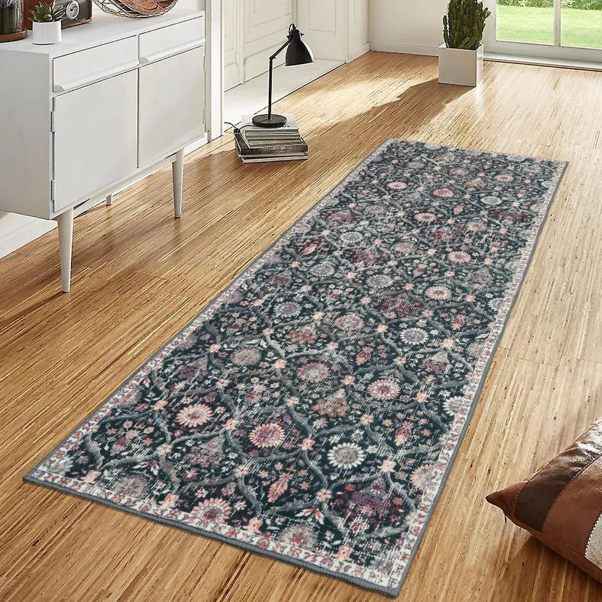 Elise Washable Vintage Floral Moroccan Trellis Black Runner Rug Clearance Rugs Lahome