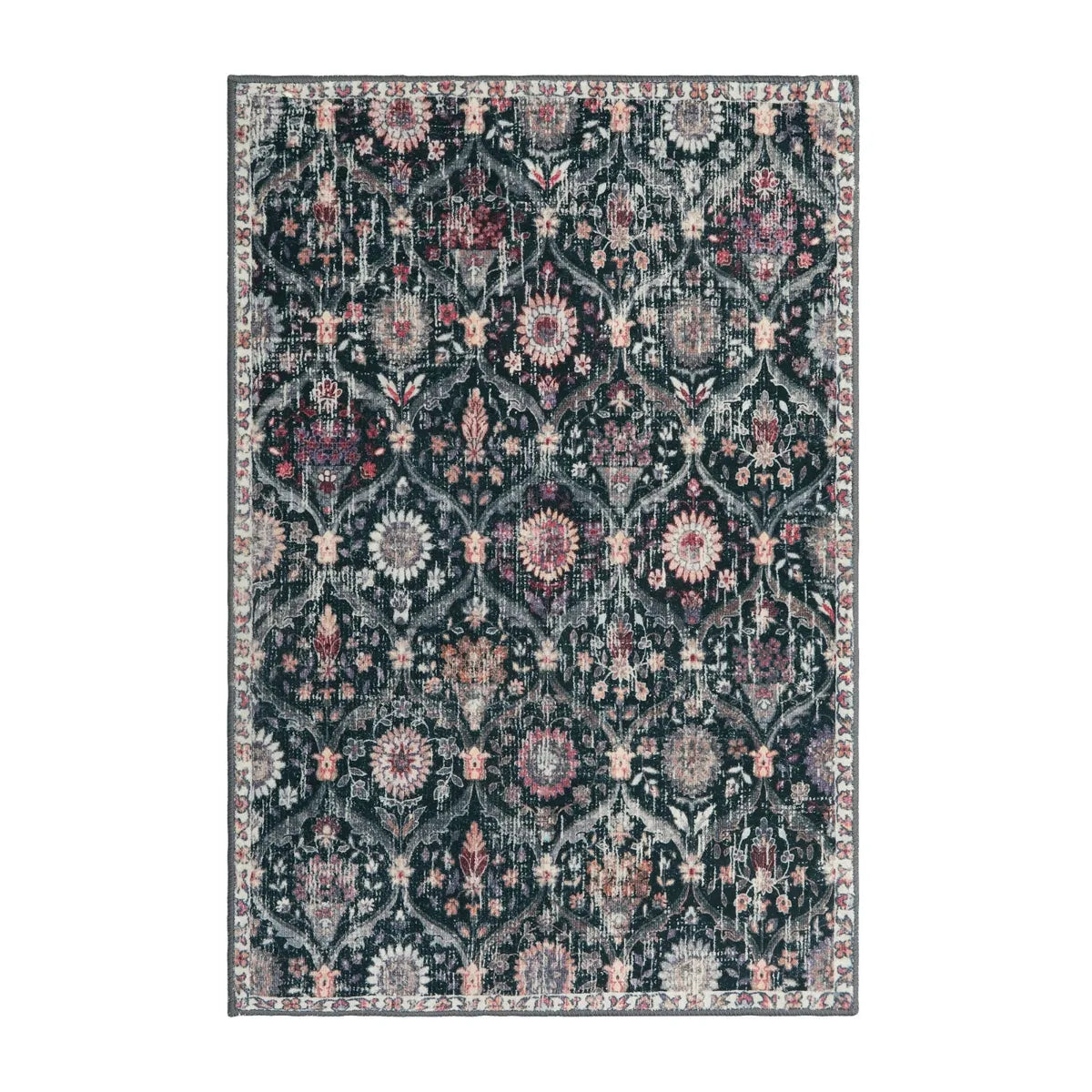 Elise Washable Ultra-thin Vintage Floral Moroccan Trellis Black Rug Area Rugs Lahome