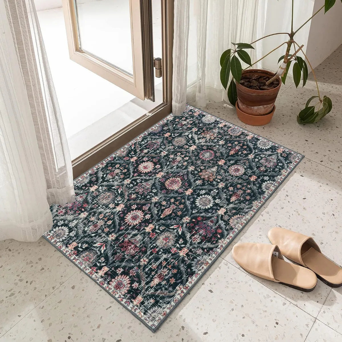 Elise Washable Ultra-thin Vintage Floral Moroccan Trellis Black Rug Area Rugs Lahome