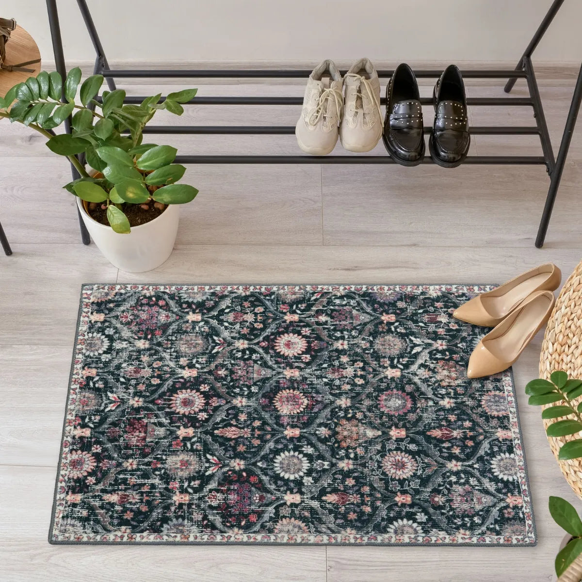 Elise Washable Ultra-thin Vintage Floral Moroccan Trellis Black Rug Area Rugs Lahome